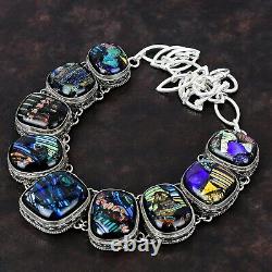 Oval American Dichroic Glass Stone 925 Sterling Silver Vintage Chain Necklace