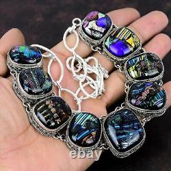 Oval American Dichroic Glass Stone 925 Sterling Silver Vintage Chain Necklace