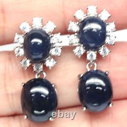 Oval-Cabochon Blue Heated-Sapphire & Cubic-Zirconia Earrings 925 Sterling Silver