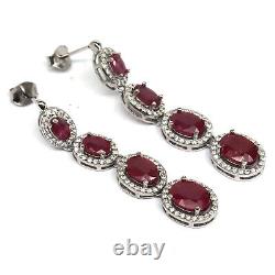 Oval Red Heated Ruby & White Cubic Zirconia Long Earrings 925 Sterling Silver