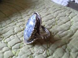 Oval Roman Glass Ring Blue Patina 925 Sterling Silver Marked Pz Israel Size 9.5