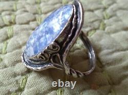 Oval Roman Glass Ring Blue Patina 925 Sterling Silver Marked Pz Israel Size 9.5