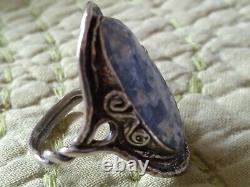 Oval Roman Glass Ring Blue Patina 925 Sterling Silver Marked Pz Israel Size 9.5