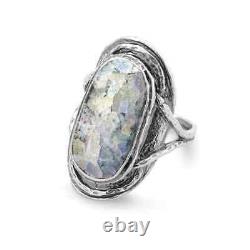 Oxidized Oval Roman Glass Ring 925 Sterling Silver