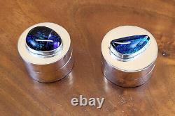 PAIR'90s American Studio Crafted Sterling Silver Pill Boxes Dichroic Art Glass
