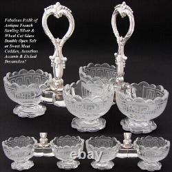 PAIR Antique French Sterling Silver & Intaglio Glass Double Open Salt Caddies