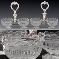 PAIR Antique French Sterling Silver & Intaglio Glass Double Open Salt Caddies