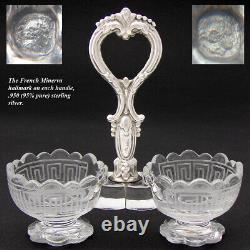 PAIR Antique French Sterling Silver & Intaglio Glass Double Open Salt Caddies