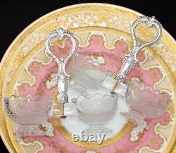 PAIR Antique French Sterling Silver & Intaglio Glass Double Open Salt Caddies