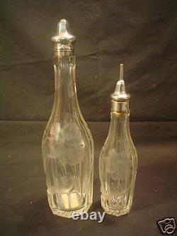 Pair American Engraved Cut Glass Bottles, Sterling Silver Tops, c. 1900