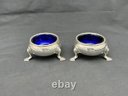 Pair Antique 1734 Sterling London Footed Master Salts, Cobalt Glass Insert