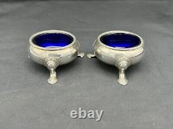 Pair Antique 1734 Sterling London Footed Master Salts, Cobalt Glass Insert