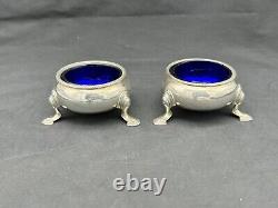 Pair Antique 1734 Sterling London Footed Master Salts, Cobalt Glass Insert