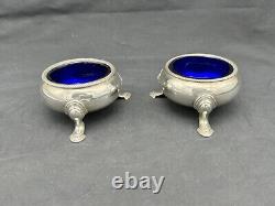 Pair Antique 1734 Sterling London Footed Master Salts, Cobalt Glass Insert