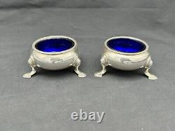 Pair Antique 1734 Sterling London Footed Master Salts, Cobalt Glass Insert