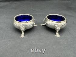 Pair Antique 1734 Sterling London Footed Master Salts, Cobalt Glass Insert