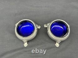 Pair Antique 1734 Sterling London Footed Master Salts, Cobalt Glass Insert