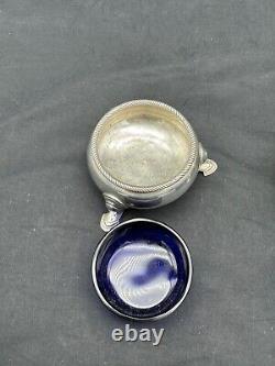 Pair Antique 1734 Sterling London Footed Master Salts, Cobalt Glass Insert