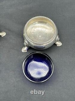 Pair Antique 1734 Sterling London Footed Master Salts, Cobalt Glass Insert