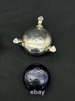 Pair Antique 1734 Sterling London Footed Master Salts, Cobalt Glass Insert