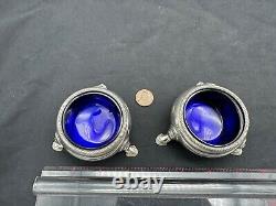 Pair Antique 1734 Sterling London Footed Master Salts, Cobalt Glass Insert