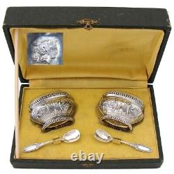 Pair Antique French Sterling Silver & Blown Glass Open Salts with Spoons, Boxed