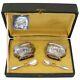Pair Antique French Sterling Silver & Blown Glass Open Salts With Spoons, Boxed