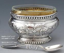 Pair Antique French Sterling Silver & Blown Glass Open Salts with Spoons, Boxed