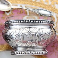 Pair Antique French Sterling Silver & Blown Glass Open Salts with Spoons, Boxed