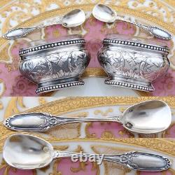 Pair Antique French Sterling Silver & Blown Glass Open Salts with Spoons, Boxed