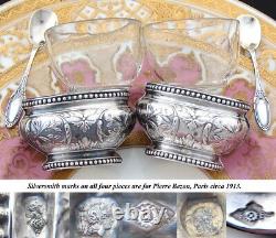Pair Antique French Sterling Silver & Blown Glass Open Salts with Spoons, Boxed