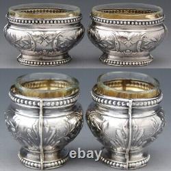 Pair Antique French Sterling Silver & Blown Glass Open Salts with Spoons, Boxed