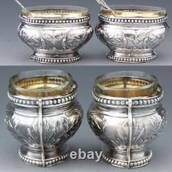 Pair Antique French Sterling Silver & Blown Glass Open Salts with Spoons, Boxed