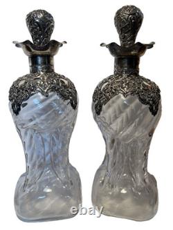 Pair Antique Henry Matthews Sterling Silver Overlay Hand Blown Glass Decanters