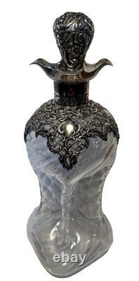 Pair Antique Henry Matthews Sterling Silver Overlay Hand Blown Glass Decanters
