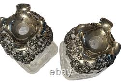 Pair Antique Henry Matthews Sterling Silver Overlay Hand Blown Glass Decanters