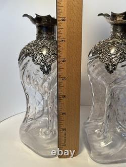 Pair Antique Henry Matthews Sterling Silver Overlay Hand Blown Glass Decanters
