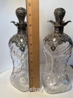 Pair Antique Henry Matthews Sterling Silver Overlay Hand Blown Glass Decanters