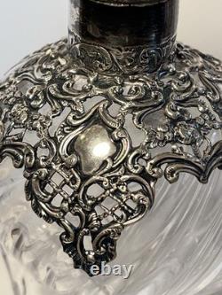 Pair Antique Henry Matthews Sterling Silver Overlay Hand Blown Glass Decanters