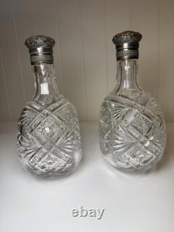 Pair Gorham Sterling Silver Mounted ABP Cut Glass Whiskey Jugs c1892
