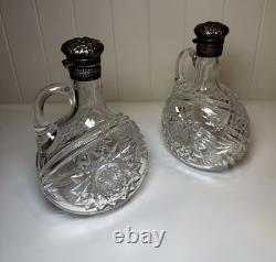 Pair Gorham Sterling Silver Mounted ABP Cut Glass Whiskey Jugs c1892
