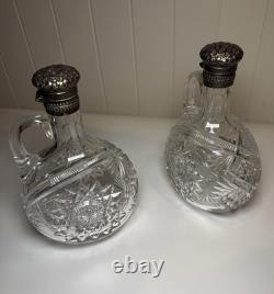 Pair Gorham Sterling Silver Mounted ABP Cut Glass Whiskey Jugs c1892