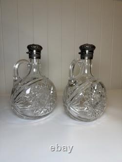 Pair Gorham Sterling Silver Mounted ABP Cut Glass Whiskey Jugs c1892