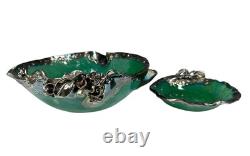 Pair Of Sterling Silver Mounted Green Art Glass Bowls With Flowers