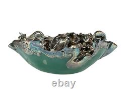 Pair Of Sterling Silver Mounted Green Art Glass Bowls With Flowers