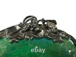 Pair Of Sterling Silver Mounted Green Art Glass Bowls With Flowers
