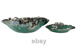Pair Of Sterling Silver Mounted Green Art Glass Bowls With Flowers