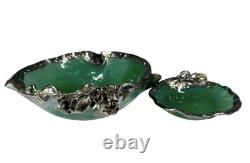 Pair Of Sterling Silver Mounted Green Art Glass Bowls With Flowers