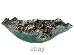 Pair Of Sterling Silver Mounted Green Art Glass Bowls With Flowers