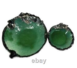 Pair Of Sterling Silver Mounted Green Art Glass Bowls With Flowers